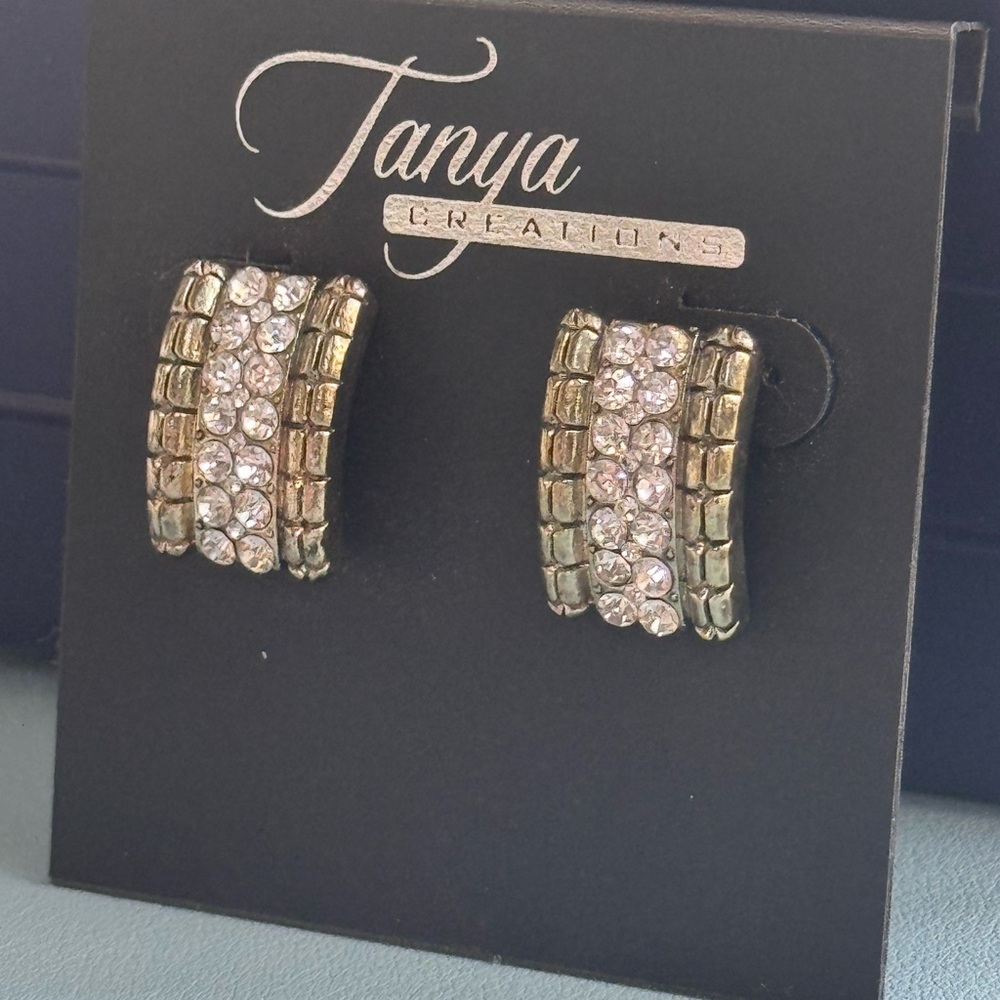 Antiqued Gold Textured Crystal Accented Post Earrings .75 inch
